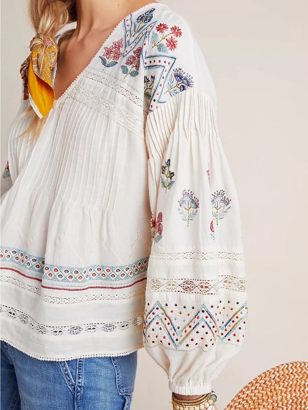 Women's Embroidered White Peasant Blouse - Picture 4 of 12